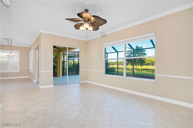 tiled spare room with crown molding and ceiling fan with notable chandelier