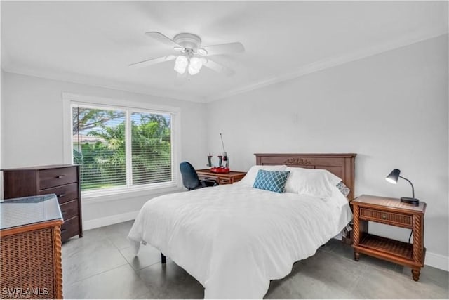 bedroom with ceiling fan, light tile patterned floors, and ornamental molding