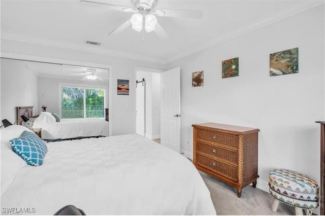 bedroom with light colored carpet, ceiling fan, and ornamental molding