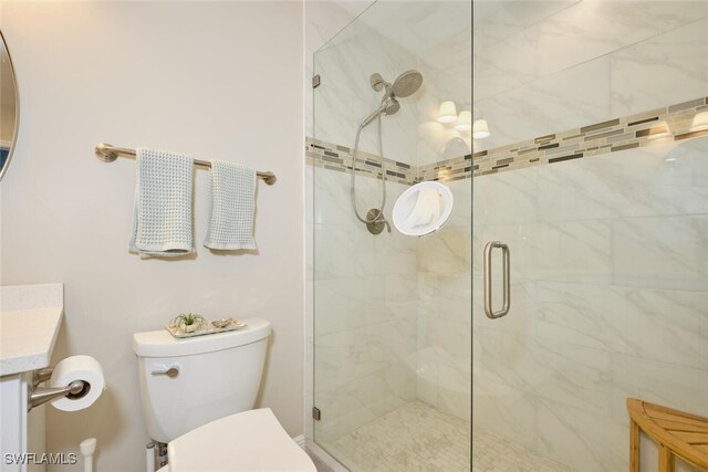 bathroom with vanity, toilet, and a shower with shower door