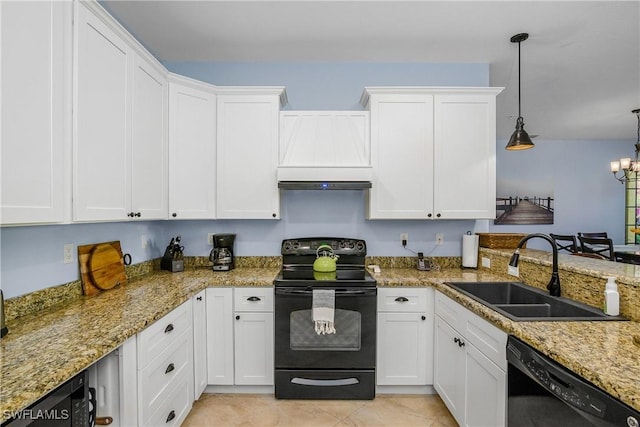 kitchen with sink, black appliances, pendant lighting, an inviting chandelier, and white cabinetry