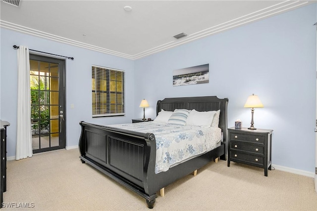 carpeted bedroom with access to outside and crown molding