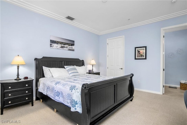 bedroom featuring light colored carpet and ornamental molding