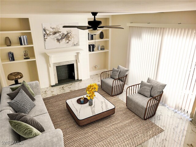 carpeted living room with ceiling fan and built in shelves