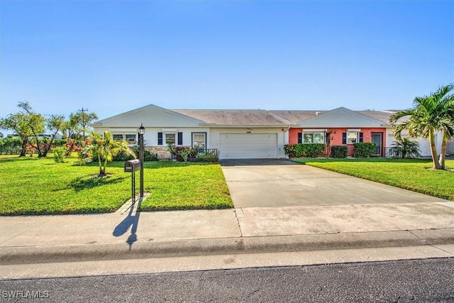 single story home featuring a front yard and a garage