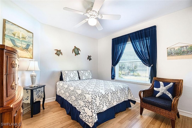 bedroom with hardwood / wood-style floors and ceiling fan