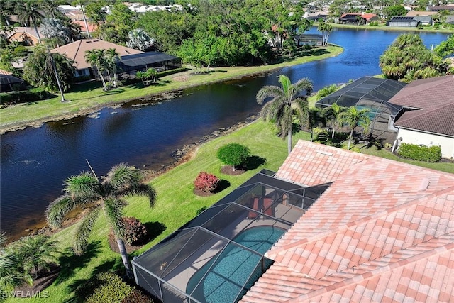 bird's eye view with a water view