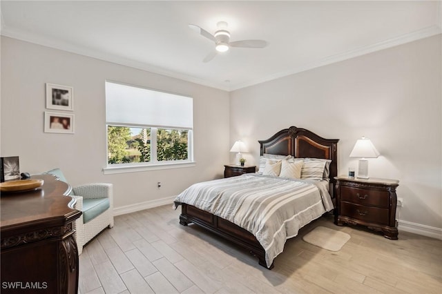 bedroom featuring light hardwood / wood-style floors, ceiling fan, and ornamental molding