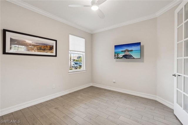 unfurnished room featuring ceiling fan, light hardwood / wood-style floors, and ornamental molding