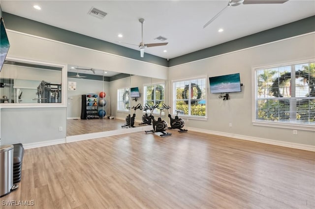 exercise room with light wood-type flooring and ceiling fan