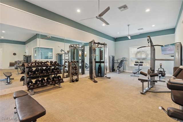 gym featuring carpet flooring and ceiling fan