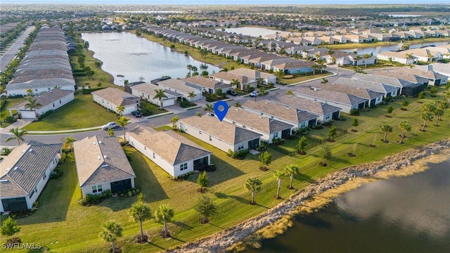 aerial view featuring a water view