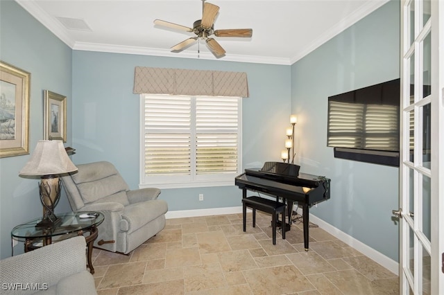 living area with ceiling fan, ornamental molding, and french doors