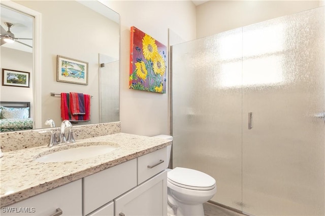 15844 Cranes Marsh Ct, Punta Gorda, FL 33982 - bathroom featuring ceiling fan, vanity, and a shower stall