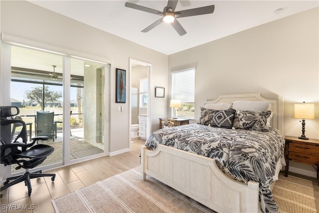 15844 Cranes Marsh Ct, Punta Gorda, FL 33982 - bedroom featuring access to outside, a desk, light wood-type flooring, ensuite bathroom, and ceiling fan