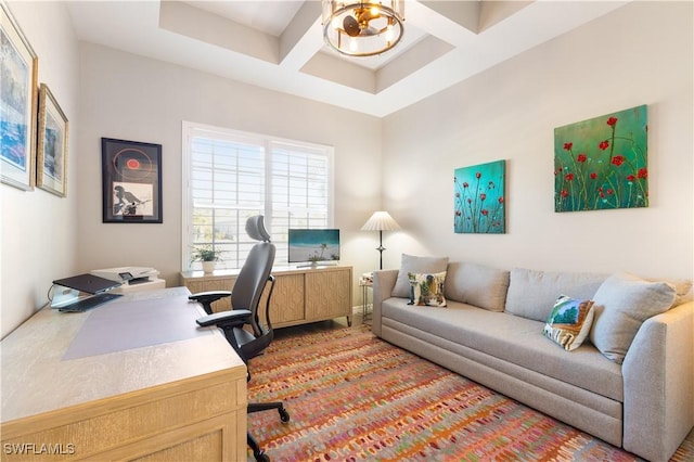 office area featuring beam ceiling and coffered ceiling