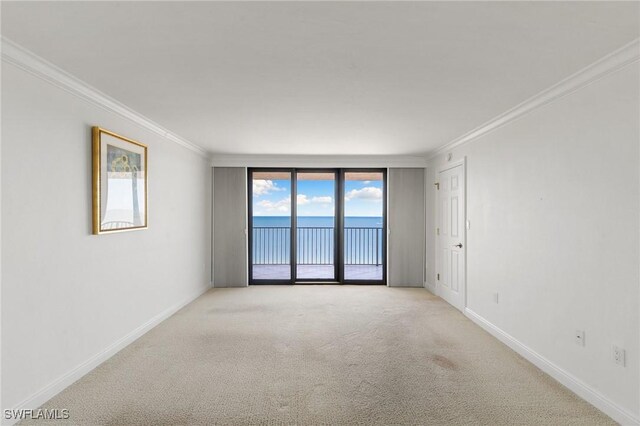 unfurnished room featuring light carpet, crown molding, and a water view