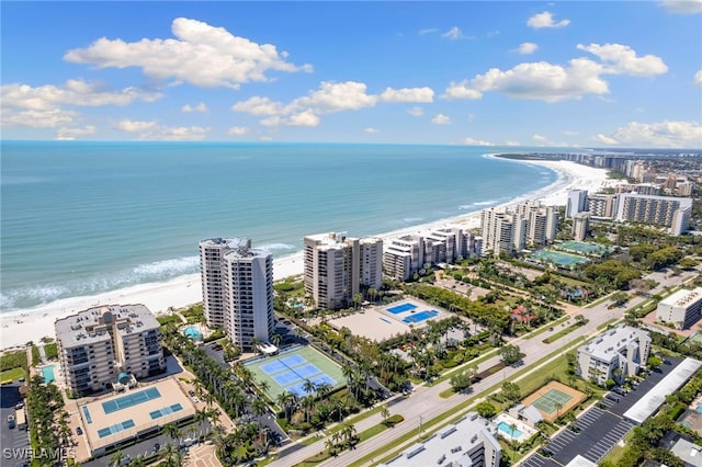 drone / aerial view with a water view and a beach view