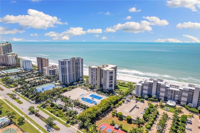 aerial view featuring a water view and a view of the beach