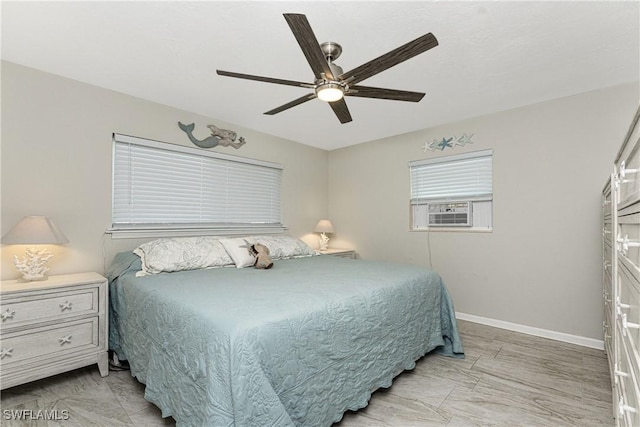 bedroom with ceiling fan and cooling unit