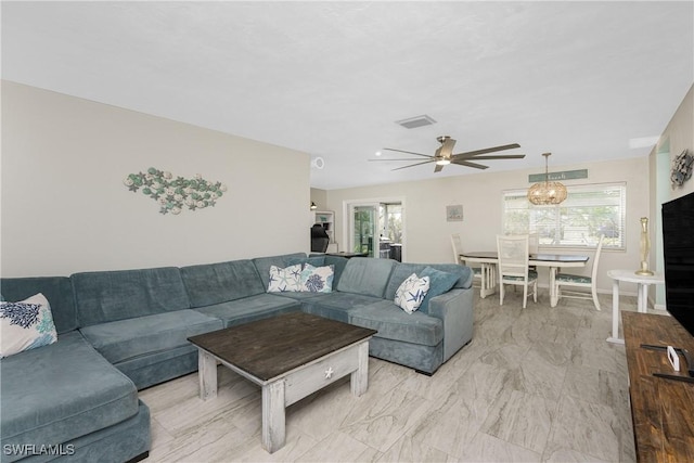 living room featuring ceiling fan