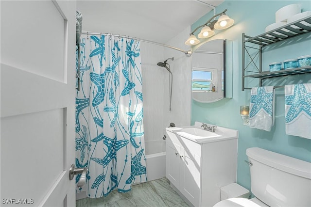 full bathroom with shower / bath combo with shower curtain, vanity, and toilet