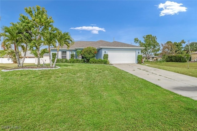 ranch-style home with a garage and a front lawn