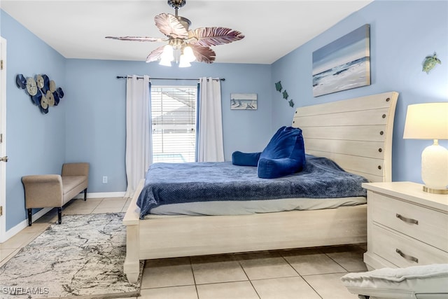 bedroom featuring ceiling fan and light tile patterned flooring