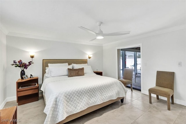 bedroom featuring light tile patterned floors, access to outside, ceiling fan, and crown molding