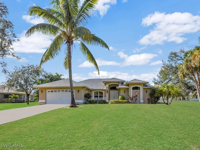 mediterranean / spanish house with a front yard and a garage