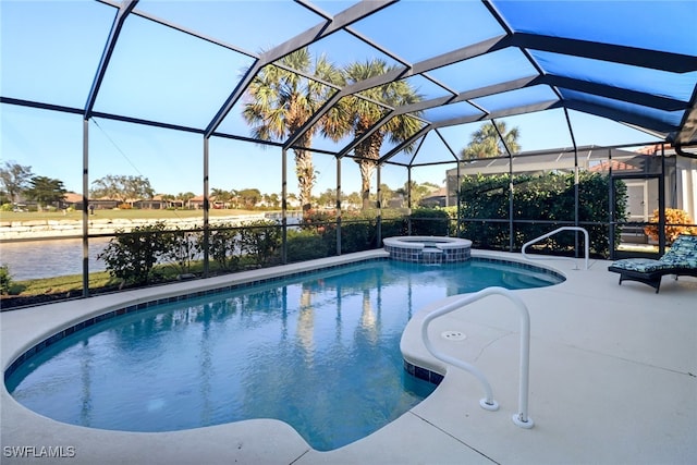 view of swimming pool featuring a water view and glass enclosure