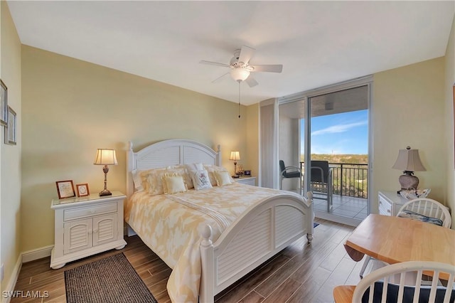 bedroom with ceiling fan, a wall of windows, dark wood-type flooring, and access to outside