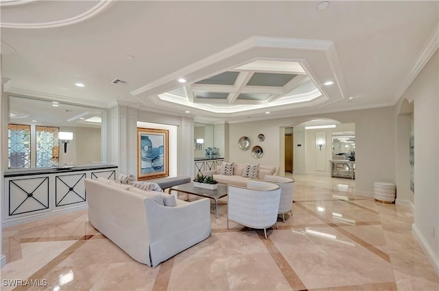 living room with ornamental molding and coffered ceiling