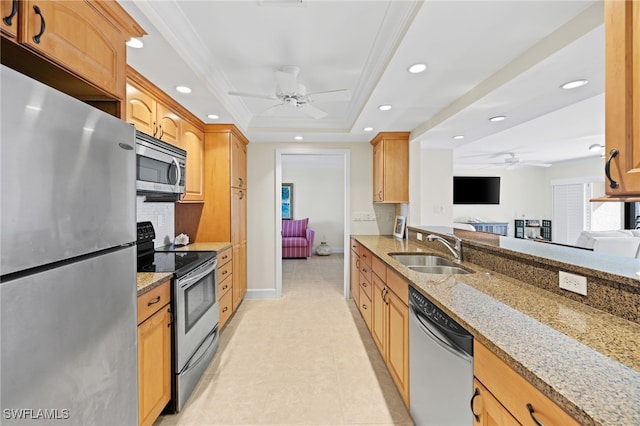 kitchen with sink, ceiling fan, appliances with stainless steel finishes, a tray ceiling, and light stone counters