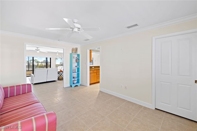 living room with ceiling fan, crown molding, and light tile patterned flooring