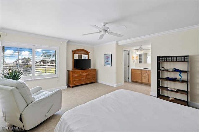 bedroom with light tile patterned floors, ensuite bath, ceiling fan, and crown molding