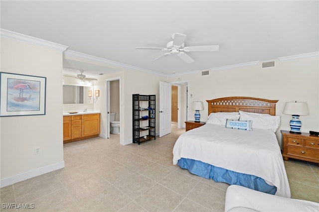 bedroom featuring ensuite bathroom, ceiling fan, and ornamental molding