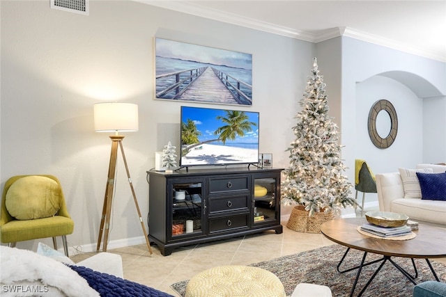 tiled living room with crown molding