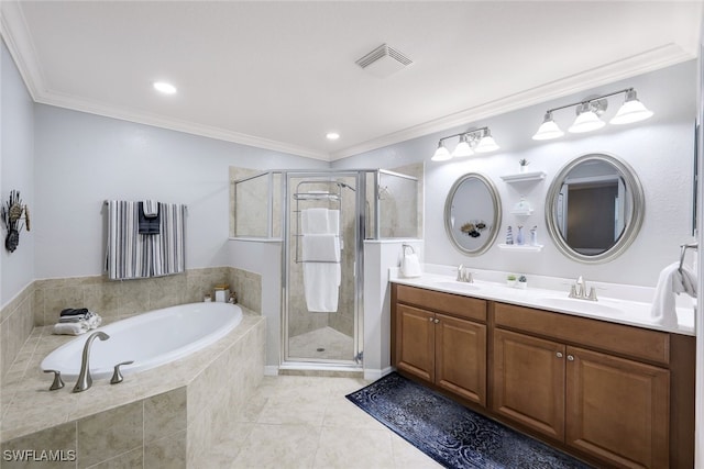 bathroom featuring tile patterned floors, vanity, shower with separate bathtub, and ornamental molding