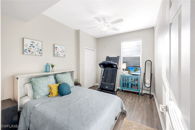 bedroom featuring hardwood / wood-style floors, ceiling fan, and a closet