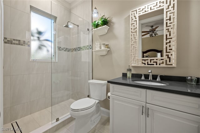 24221 Addison Place Ct, Bonita Springs, FL 34134 - bathroom featuring vanity, a walk in shower, a ceiling fan, and tile patterned floors