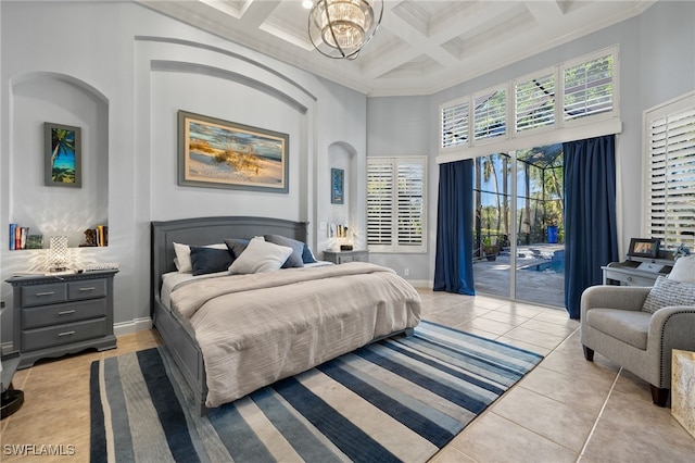 24221 Addison Place Ct, Bonita Springs, FL 34134 - bedroom with a towering ceiling, access to outside, light tile patterned floors, coffered ceiling, and crown molding