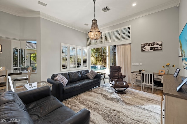 24221 Addison Place Ct, Bonita Springs, FL 34134 - living area with crown molding, wood finished floors, recessed lighting, a chandelier, and a towering ceiling