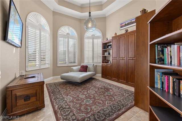 sitting room with light tile patterned flooring and crown molding