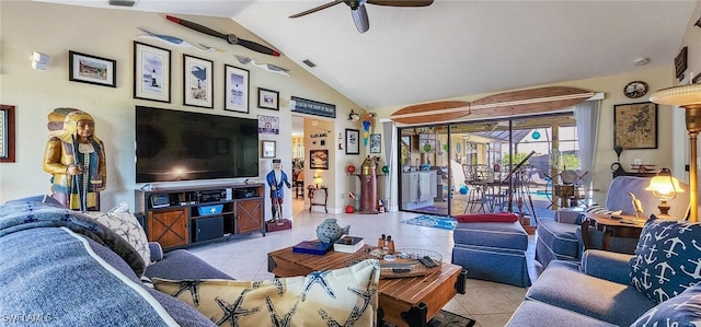 living area with lofted ceiling, light tile patterned flooring, ceiling fan, and visible vents