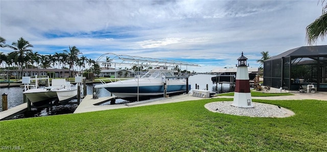 dock area with a lanai, a water view, a yard, and boat lift