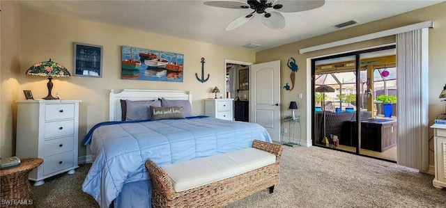 carpeted bedroom with access to exterior, visible vents, ceiling fan, and baseboards