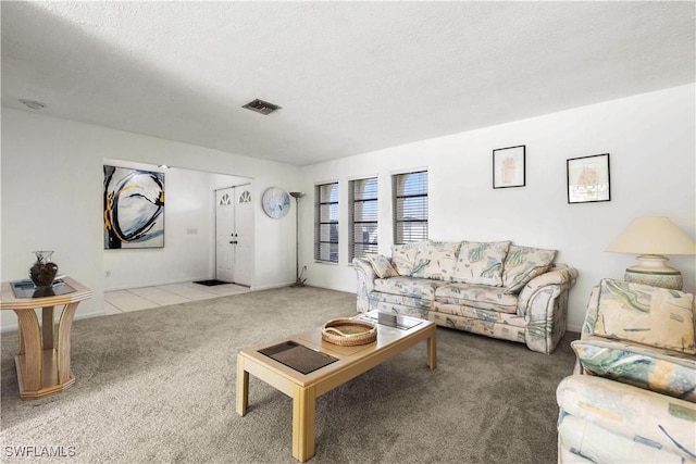 carpeted living room with a textured ceiling