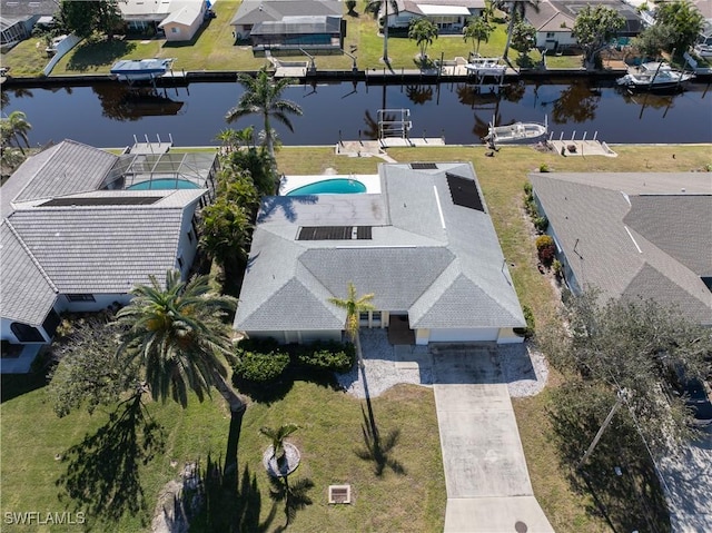 drone / aerial view featuring a water view