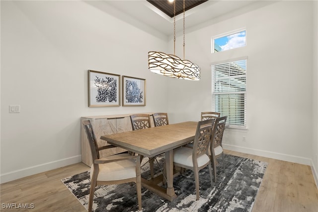 dining room featuring a high ceiling and light hardwood / wood-style flooring